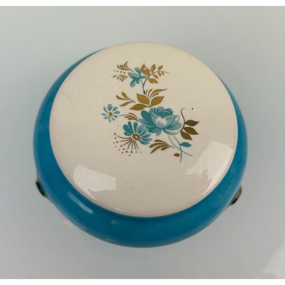 Vintage Ceramic Footed Trinket Box w/ Lid, Blue Floral PH Signed Mid-Century - Picture 5 of 13